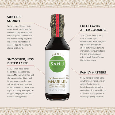 San-J - Gluten Free Tamari Lite Soy Sauce with 50% Less Sodium - Made with 100% Soy - Specially Brewed - 10 oz. Bottle...