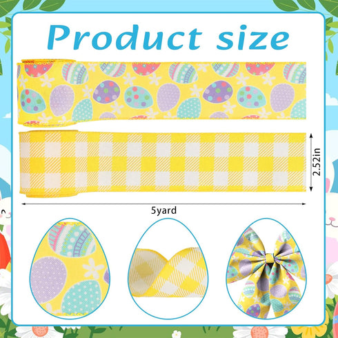 2 Rolls Easter Ribbon for Wreath Bow Wrapping Gift,Yellow Plaid Easter Egg Ribbon for Gift Wrapping Decoration Party Supplies DIY Craft 2.5" X 10 ...