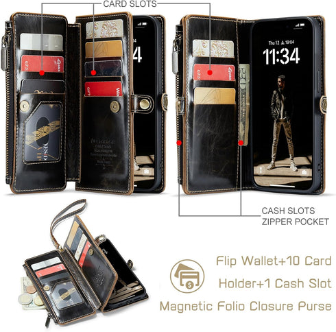 Defencase Compatible with iPhone 11 Case Wallet with RFID Blocking Card Holder for Women and Men, Fashion PU Leather Magnetic Snap Flip Zipper Str...
