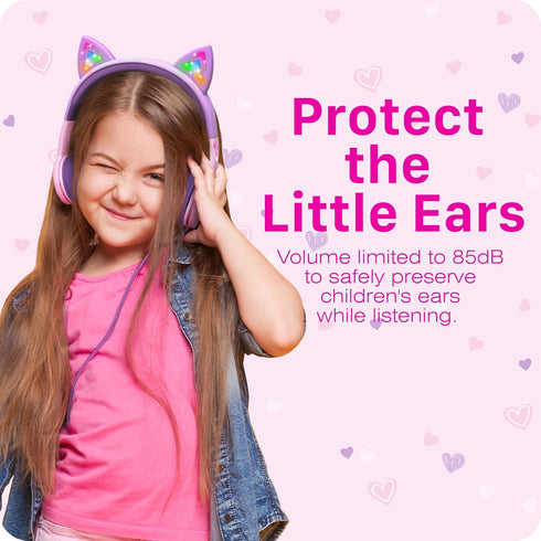 FosPower Kids Headphones with LED Light Up Cat Ears 3.5mm On Ear Audio Headphones for Kids with Laced Tangle Free Cable (Max 85dB) - Baby Pink/Lav...