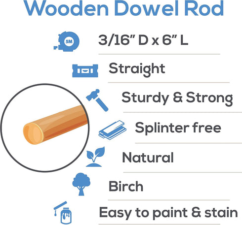 Wooden Dowel Rod, 3/16 Inch x 6 Inch Wood Dowels, Pack of 50 Wooden Dowels for Crafts, Unfinished Hardwood Wooden Dowels Rods, Strong Wood Rod Dow...