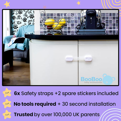Booboo® (6 Pack) Premium Child Safety Cupboard Door Strap Locks | Baby Proof Your Cabinets with No Trapped Fingers | Extra Easy Installation, No T...