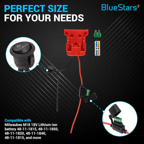 BlueStars RED Power Wheels Adapter for Milwaukee M18 Power Wheels Battery Conversion Kit with Fuse Holder & 30A Blade Fuses for 18V Battery - for ...