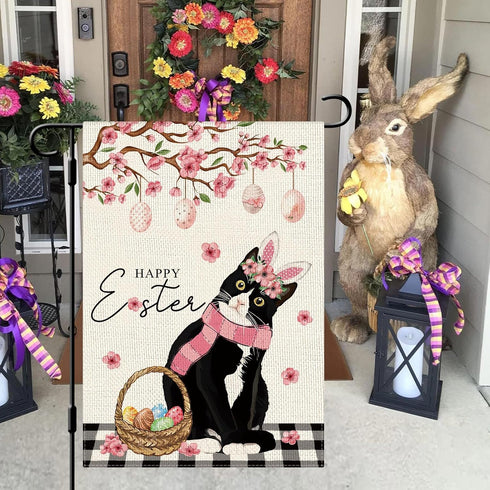 Happy Easter Cat Garden Flag Eggs Tuxedo Cat Floral Garden Flag 12×18 Inch Double Sided Buffalo Plaid Farmhouse Yard Flag Spring Holiday Outdoor D...