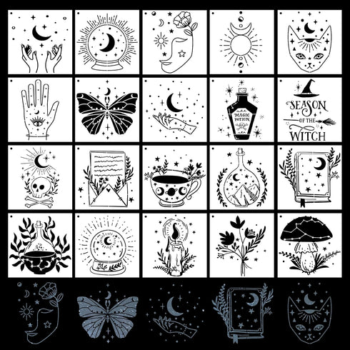 Magic Style Stencils for Painting - 20 Pcs Magic Potion Fairy Crystal Ball Stars Moon Ancient Book Flowers Mushrooms Butterfly DIY Craft Template ...