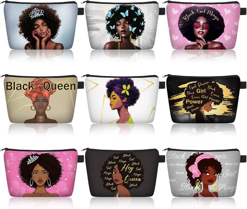 Chunful 9 Pcs Black Women Makeup Bag African American Make up Pouch Bags Canvas Travel Cosmetic Bags for Women Queen Zippered Toiletry Bag Reusabl...