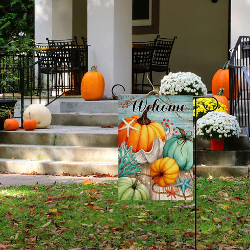 Welcome Fall Thanksgiving Teal blue Pumpkin Nautical Home Decorative Garden Flag, Autumn Yard Lawn Coastal Ocean Outside Decor, Beach Farmhouse Ou...