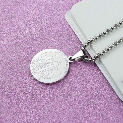 Saint Brendan Necklace - 1" Stainless Steel Catholic St. Brendan Medal Pendant with 24" Chain...
