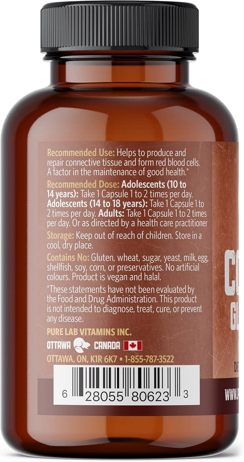 Copper Glycinate Mineral Supplement -1 mg - 60 Vegan Caps by Pure Lab Vitamins - Essential for Collagen Production, Supports Immune System & Red B...
