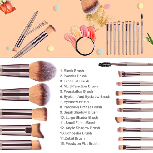 HEYMKGO Makeup Brushes 15PCS Champagne Gold Professional Makeup Brush Set Foundation Brush Blending Powder Blush Concealer Eye Make Up Brush with ...
