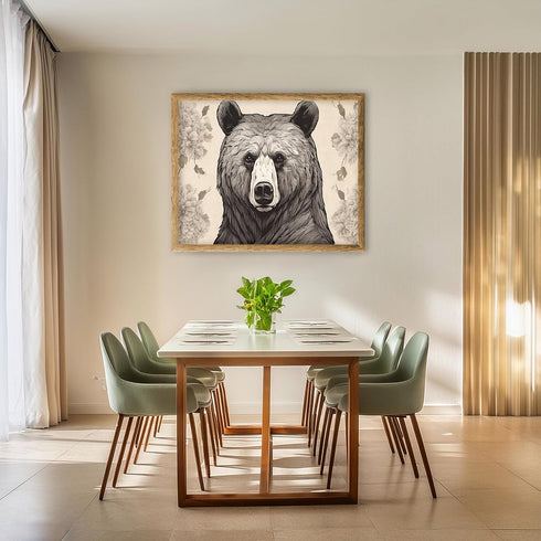 Posterizer 1 pcs- Black and white print of a bear with flowers-Art for Animal Lovers-Floral Botanical Art- Gift for Men Women Teens-Decor for Hom...