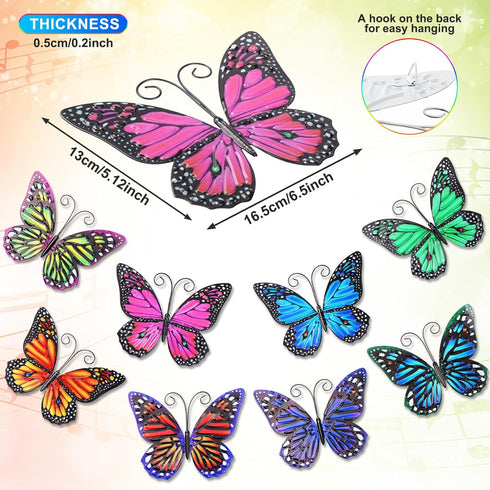 8 Pieces Metal Butterfly Wall Art Decor, 3D Butterfly Hanging Wall Decor Sculpture for Balcony Patio Living Room Garden Outdoor Fence Decoration (...