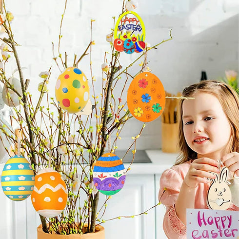 HERZWILD 30Pcs Easter Unfinished Wood Slices Eggs Easter Wooden Eggs Hanging Pendants Decorations Easter Crafts Kits Easter Egg Shape Cutouts Pend...