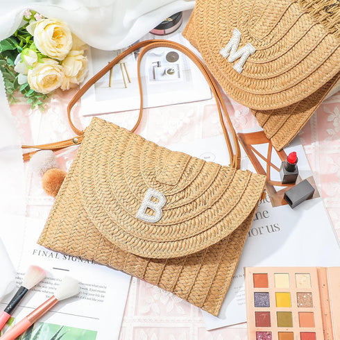 Initial Bags for Women Beach Straw Shoulder Bag Summer Handbag Purse for Birthday Bachelorette Gift...