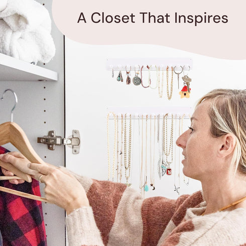 Boxy Concepts 2-Pack Necklace Organizer & Jewelry Storage - 10.5 in x 1.5 in White Wall-Mount Hanging Jewelry Organizer - 10 Hooks for Necklaces, ...