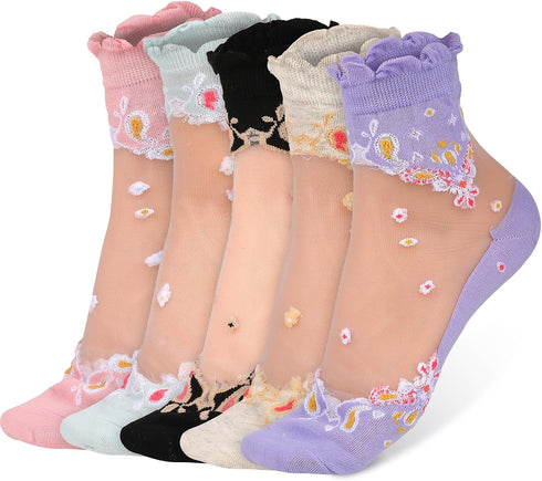 5 Pairs Fancy Socks for Women Sheer Mesh Socks See Through Lace Ankle Socks Transparent Floral Socks Ultrathin Fishnet Socks...