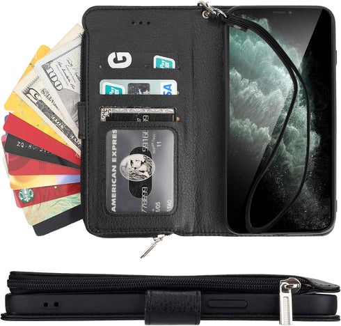 KIHUWEY Compatible with iPhone 12 Pro Max Wallet Case Premium Leather Zipper with Card Holder and Wrist Strap,Kickstand and Protective Lanyard Pur...