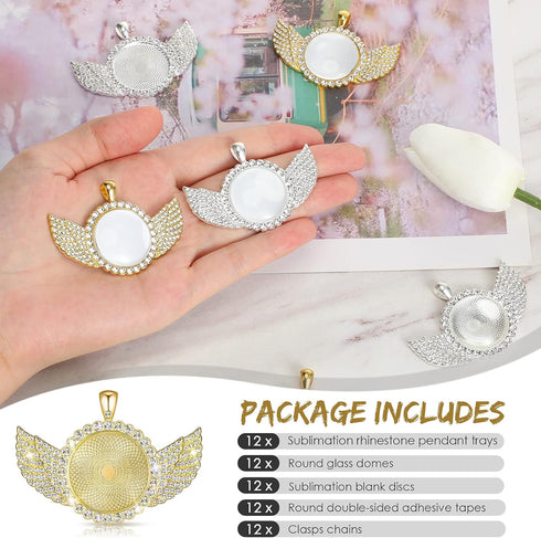 Hicarer 60 Pcs Sublimation Angel Wing Jewelry Blanks Set Rhinestone Bezel Pendant Trays Glod and Silver Sublimation Necklace Blank with Chain Set ...