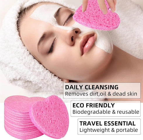Women 60-Count Compressed Cellulose Heart Shape Face Facial Sponges 100% Natural Cosmetic Sponges for Facial Cleansing Exfoliating Mask Skin Massa...
