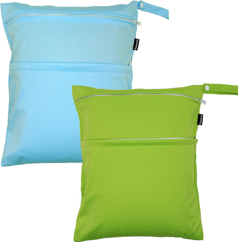 Damero 2 Pack Travel Wet Dry Bag Organizer with 2 Pockets and Handle for Cloth Diaper, Baby Clothes, Pumping Parts, Swimsuit and More, Cute and Sp...