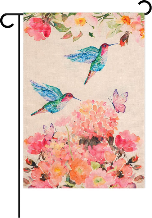 1PCS Hummingbird Spring Garden Flag Flower Garden Spring Yard Outdoor Flag Double Sided Small Burlap Bird Flag for Outside Holiday Decor(12.5 x 18...
