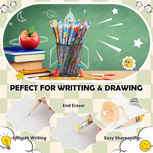 Handepo 72 Pieces Attendance Pencils with Eraser Bulk Assorted Wooden Pencils for Kids Student Carnival Prize Educational and Learning Activities ...