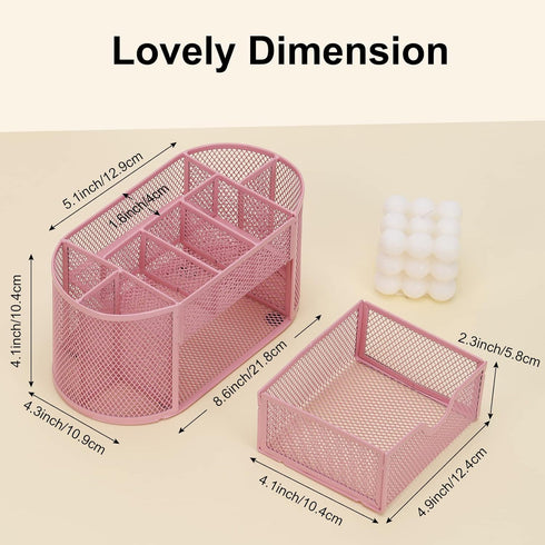 EOOUT Pink Desk Organizer, Pen Holder for Desk and Accessories, Mesh Desk Organizer with 8 Compartments and 1 Drawer for Office Home School Classr...