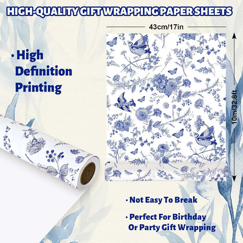 JarThenaAMCS Blue White Floral Wrapping Paper Roll Chinoiserie Flower Bird Gift Wrap Paper Decorative DIY Art Craft Paper for Wedding Birthday Bab...