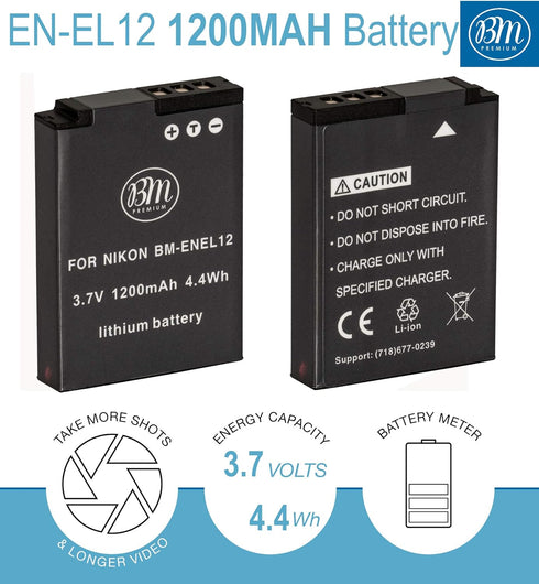 BM Premium EN-EL12 Battery and Charger for Nikon Coolpix A1000 B600 W300 A900 AW100 AW110 AW120 AW130 S6300 S8100 S8200 S9050 S9200 S9300 S9400 S9...