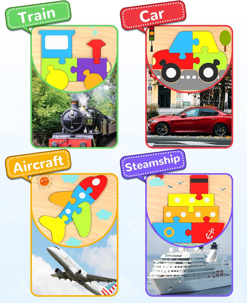 Wooden Vehicle Toddler Puzzles for 1 2 3 Years Old Boys Girls, Baby STEM Educational Toy Gift with 4 Vehicles Montessori Learning Puzzles...