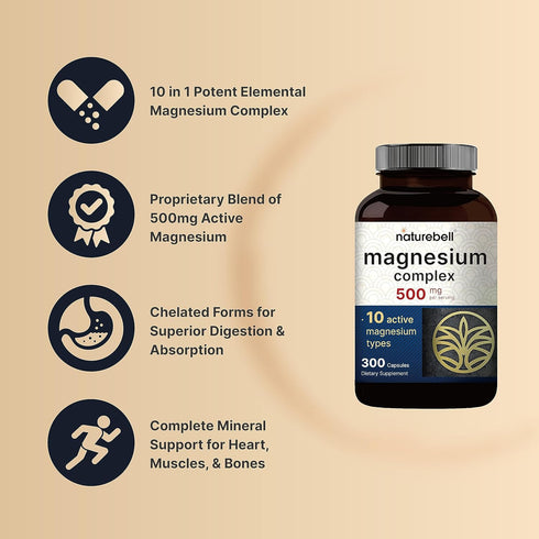 NatureBell Magnesium Complex Supplement 500mg, 300 Capsules | 10 Active Forms – Glycinate, Citrate, Taurate, Plus More | 100% Chelated & Purified ...