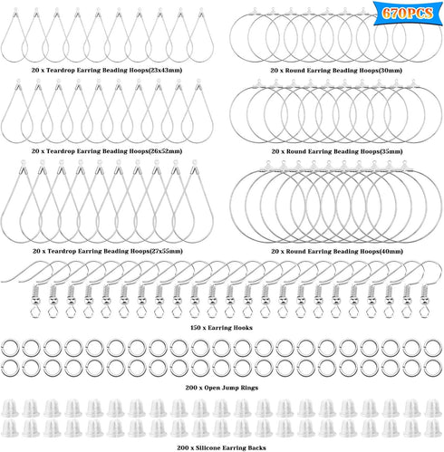 670Pcs Earring Making Kit with 120 Earring Beading Hoops Earring Finding Beading Hoop Earrings Bulk,150 Hooks,200 Jump Rings,200 Earring Backs for...