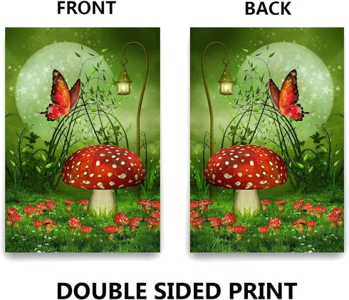 Fantasy Farm with Mushrooms Lamps Flowers Trees Moon and Butterfly House Flag 28 x 40 Inch Double Sided Garden Yard Outdoor Banner Decor...