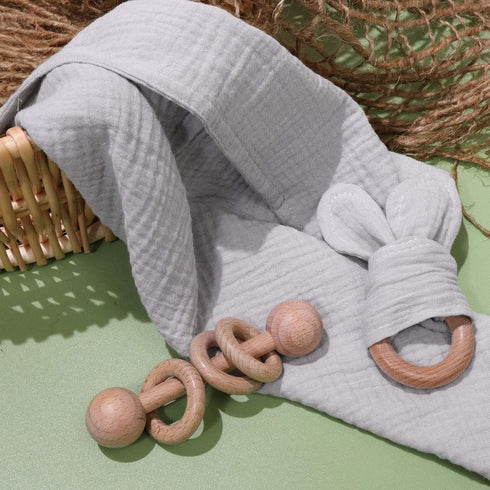 Baby Lovey, Wood Rattle, Teether Ring, 3 Pack Montessori Gift, Gray, Cotton, Double Gauze, Baby Shower, Gender Neutral Gift...