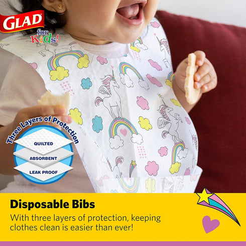 Glad for Unicorns Paper Bibs, 30 Count | Disposable Travel Paper Bibs with Cute Unicorns Design for Kids | Art & Craft Disposable Kids Bibs...