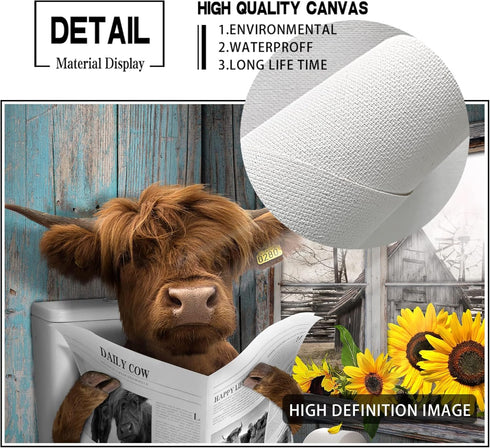 RAMEFLAO Highland Cow Bathroom Decor Funny Bathroom Wall Art Farmhouse Cow In The Toilet Picture Rustic Cow Bathroom Canvas Painting Home Wall Dec...