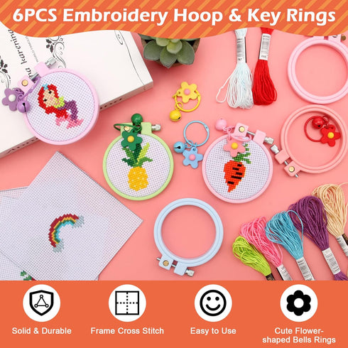 Anglekai 6Pcs Cross Stitch Kits for Beginners, Needlepoint Kits for Beginners Embroidery Starter Set, 6 Embroider Hoops and Cloth/ 6 Key Rings/Sci...