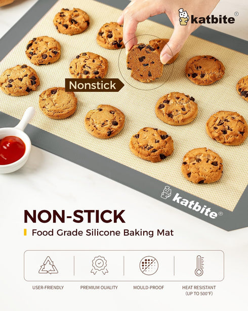 Silicone Baking Mat, Katbite Large Baking Mat Set of 3-2 Half Sheets Mats (11 5/8" x 16 1/2") + 1 Quarter Baking Sheets, Reusable & Nonstick Bakew...