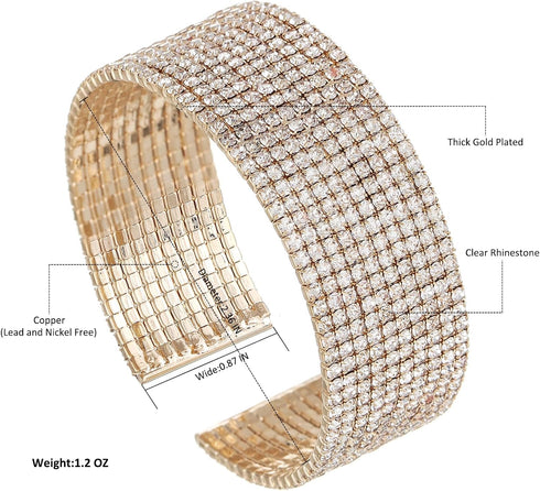 Sparkly Silver/Gold Simple Multi-layer Rhinestone Cluster Wide Cuff Bangle Wedding Jewelry for Women Bridal Statement Bracelet...