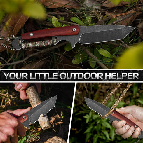 8.58 inch outdoor straight blade, full handle fixed blade, wooden handle hunting knife with sheath, used for camping, hiking, and survival...