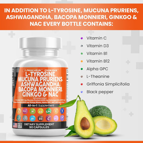 Clean Nutraceuticals L Tyrosine 1000mg Mucuna Pruriens 6000mg Bacopa Monnieri 500mg Ashwagandha 4000mg Focus Supplement w/N-Acetyl Cysteine 600mg ...