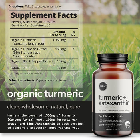 Organic Turmeric Supplement 1500mg,Triple Strength Astaxanthin 12mg,Turmeric Curcumin Supplement,Black Pepper Antioxidant for Absorption, Immune, ...