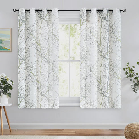 FMFUNCTEX Linen Semi Sheer Curtains for Bedroom, Sage Green White Curtains 54 Inches Long for Living Room, Grey Tree Branch Print Curtain Light Fi...