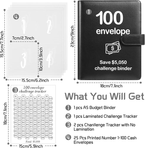 100 Envelopes Money Saving Challenge Binder with Laminated Tracker, Budget Binder with Cash Envelopes, Easy and Fun Way to Save $5,050 (Black)...