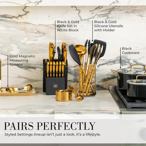 STYLED SETTINGS Gold Measuring Cups and Spoons Set – Stackable 8-Piece Brass Measuring Set – Stylish and Sturdy Gold Kitchen Accessories for Bakin...