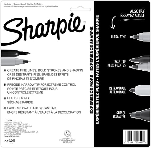 SHARPIE Brush Twin Permanent Markers, Brush Tip Marker and Ultra Fine Tip Marker, Assorted, 12 Count...