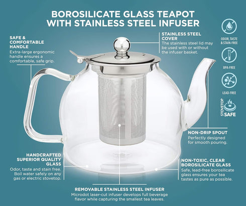 Teabloom Dublin Glass Teapot – Premium Borosilicate Glass with Removable Stainless Infuser – Stovetop Safe – Ideal for Loose Leaf Tea – Tea for Tw...