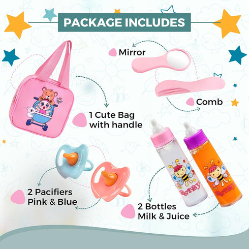 Baby Doll Set – 7 Piece Adorable Baby Doll Accessories with 2 Baby Doll Bottles, 2 Doll Pacifiers, Comb and Mirror – Baby Doll Toys for Kids in a ...
