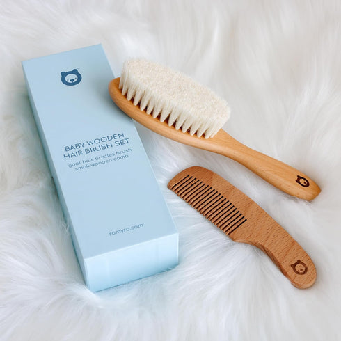 Wooden Baby Hair Brush and Comb Set for Newborns & Toddlers in Chic Gift Box - Ultra Soft Natural Goat Hair and Wood Baby Brush Set - Perfect Regi...