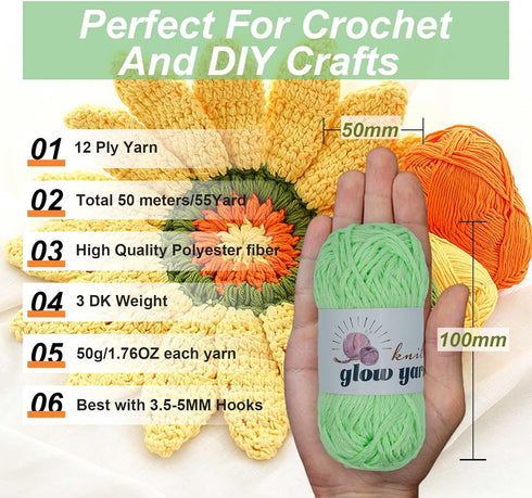Glow in The Dark Yarn, Crochet Yarn for Crocheting,Yarn for DIY Art,Knitting, Crocheting and Crafts, 5 Pack Total 260g/9oz-275 Green yards......